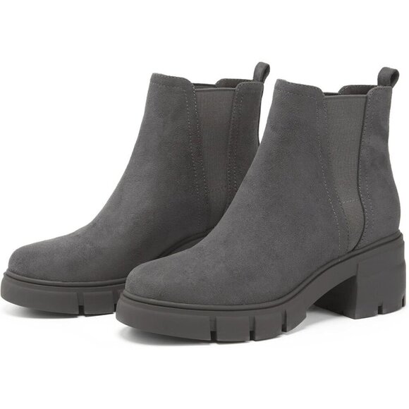 REDTOP Women's Elastic Chelsea Boots Grey Suede  Faux Suede Block Heel Booties - Picture 6 of 7
